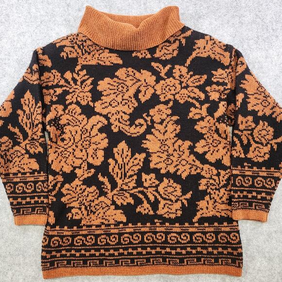 VTG Orvis Sweater Women Small Black Orange Turtleneck Wool Blend Floral Jacquard - Picture 3 of 11